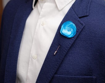 Turquoise Satin Flower Lapel Pin – Handmade Brooch for Men, Cancer Survivor Gift, Aqua Suit Accent for Wedding Guests