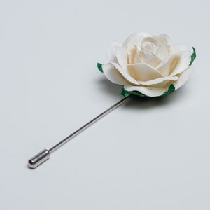 Gentle Ivory Rose Stick Pin with Small Green Leaves, Prom Boutonniere, Summer Blooming Stick Pin, Unique Men Accessories, Flower for Lapel image 2