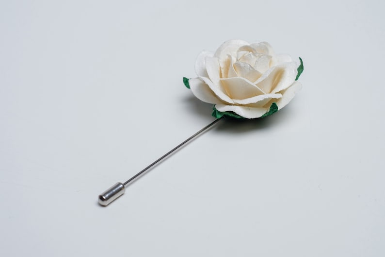 Gentle Ivory Rose Stick Pin with Small Green Leaves, Prom Boutonniere, Summer Blooming Stick Pin, Unique Men Accessories, Flower for Lapel image 2