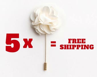 White/Cream Lapel Pin Set, 5 Boutonniere with Free Shipping, Flower Lapel Pin Men, Groomsman Wedding Pins, Boutonniere Set, Lapel Pin Pack