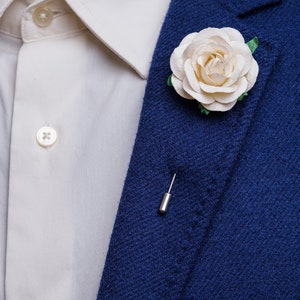 Gentle Ivory Rose Stick Pin with Small Green Leaves, Prom Boutonniere, Summer Blooming Stick Pin, Unique Men Accessories, Flower for Lapel image 1