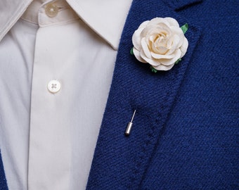 Gentle Ivory Rose Stick Pin with Small Green Leaves, Prom Boutonniere, Summer Blooming Stick Pin, Unique Men Accessories, Flower for Lapel