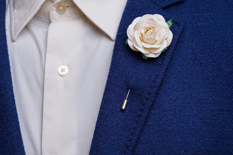 Gentle Ivory Rose Stick Pin with Small Green Leaves, Prom Boutonniere, Summer Blooming Stick Pin, Unique Men Accessories, Flower for Lapel image 1