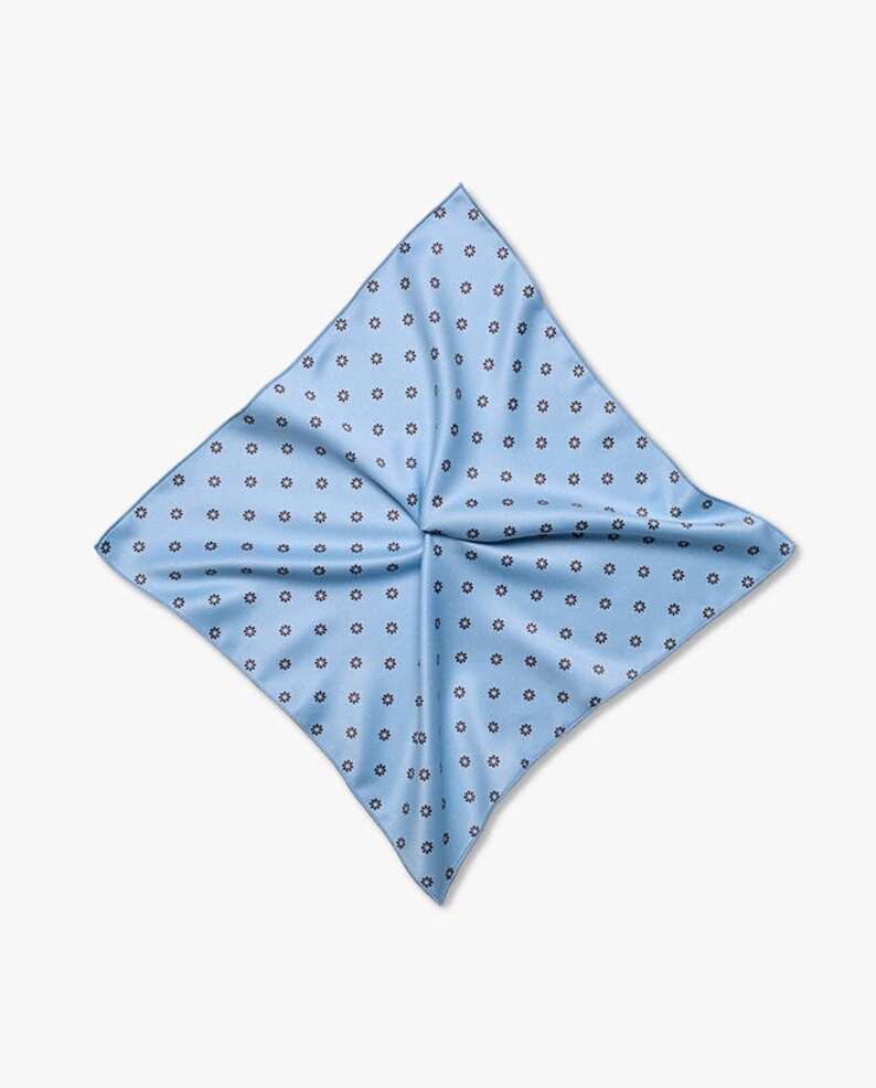 May include: A light blue pocket square with a white and dark blue floral pattern.