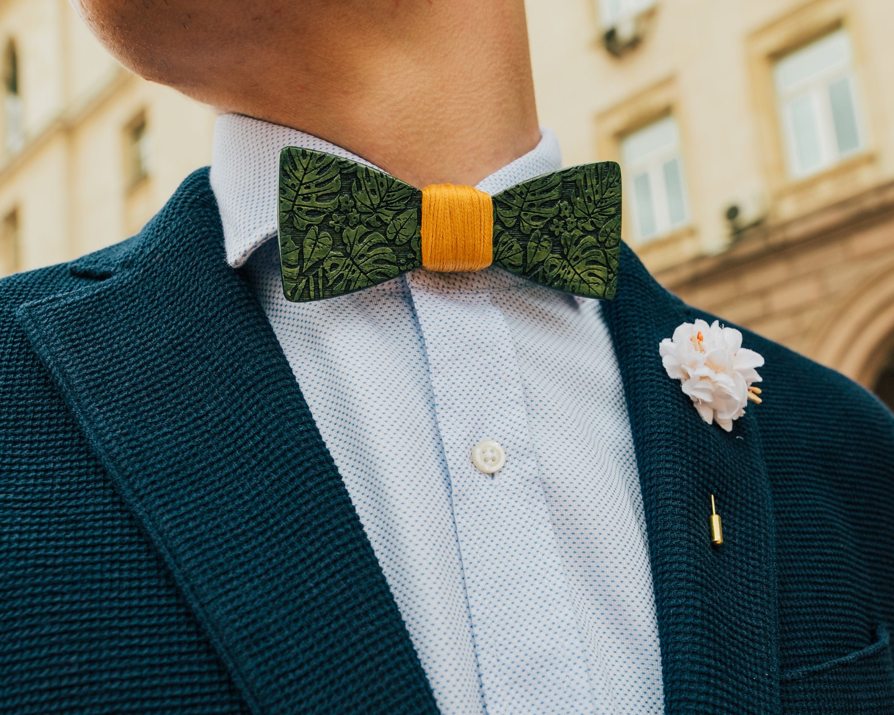 Leaf Bow Tie, Green Floral Wooden Bowtie, Gift for Him