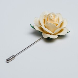 Gentle Rose Metal Stick Pin Made from Paper, Ecru & Many Other Colors Available, Chunky Lapel Flower, Prom Gift for Him, Stylish Men Brooch image 2