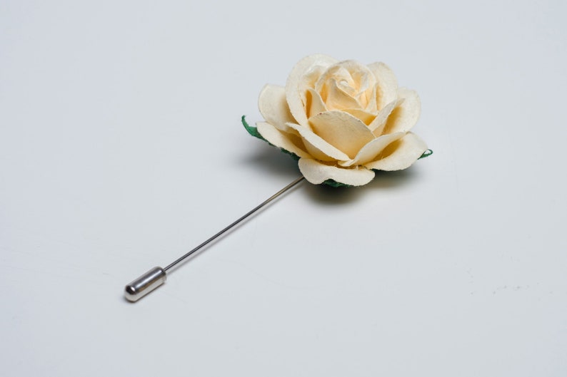 Gentle Rose Metal Stick Pin Made from Paper, Ecru & Many Other Colors Available, Chunky Lapel Flower, Prom Gift for Him, Stylish Men Brooch image 2