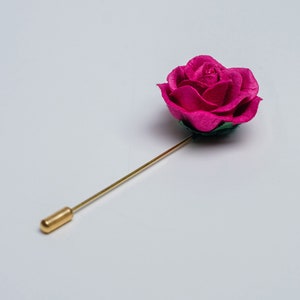 Elegant Blossoming Bright Fuchsia Rose Pin for Wedding Guests, Unique Men Suit Accessories, Lapel Stick Pin with Flower, Magnet Suit Pin image 4