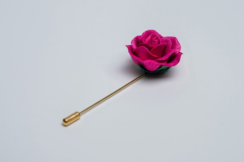 Elegant Blossoming Bright Fuchsia Rose Pin for Wedding Guests, Unique Men Suit Accessories, Lapel Stick Pin with Flower, Magnet Suit Pin image 4