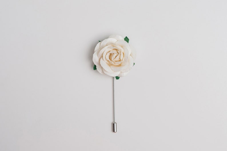 Gentle Ivory Rose Stick Pin with Small Green Leaves, Prom Boutonniere, Summer Blooming Stick Pin, Unique Men Accessories, Flower for Lapel image 4