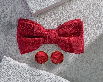Men Gift Set - Jacquard Bow Tie With Cuff Links, Burgundy Suit Accessories, Cocktail Bow Tie, Elegant Men Bow Tie, Fabric Cuff Links Men