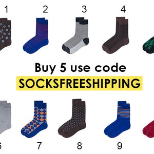 May include: Ten pairs of colorful socks with different patterns. The socks are arranged in two rows of five. The text "Buy 5 use code SOCKSFREESHIPPING" is displayed below the socks.