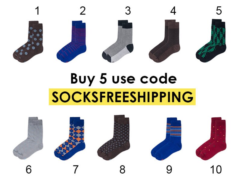 May include: Ten pairs of colorful socks with different patterns. The socks are arranged in two rows of five. The text "Buy 5 use code SOCKSFREESHIPPING" is displayed below the socks.