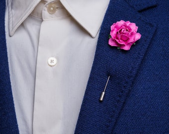 Unique Bright Hot Pink Flower Brooch for Men, Formal Suit Accessories, Japanese Style Blossoming Lapel Pin, Summer Vibes Brooch Lapel Flower