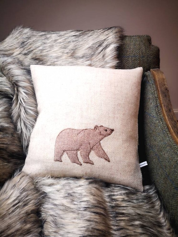 Hand Crafted Harris Tweed bear embroidered Christmas cushion cover