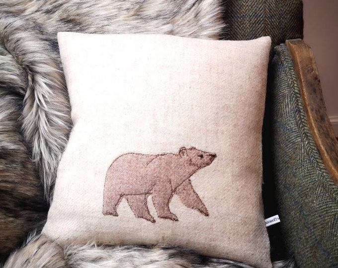 Hand Crafted Harris Tweed bear embroidered Christmas cushion cover