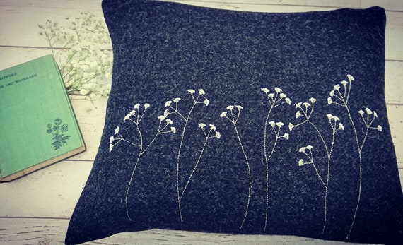 Hand Crafted Harris Tweed floral cushion cover in charcoal grey