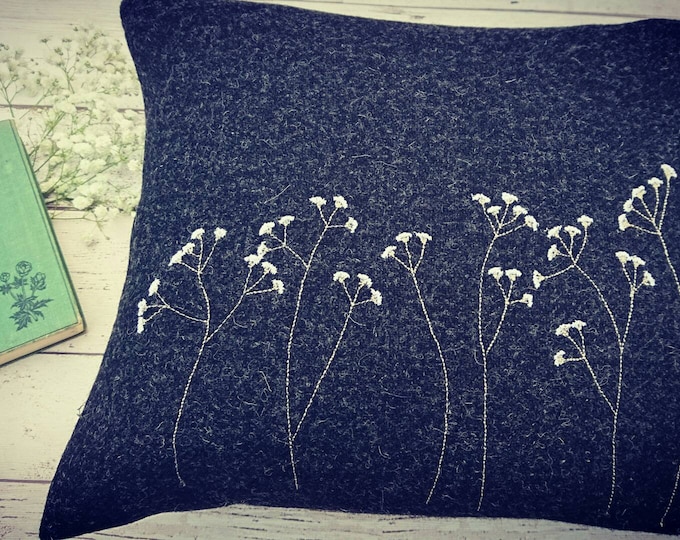 Hand Crafted Harris Tweed floral cushion cover in charcoal grey