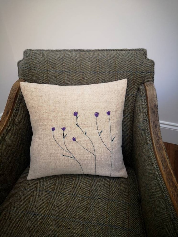 Hand Crafted Harris Tweed thistles embroidered cushion cover