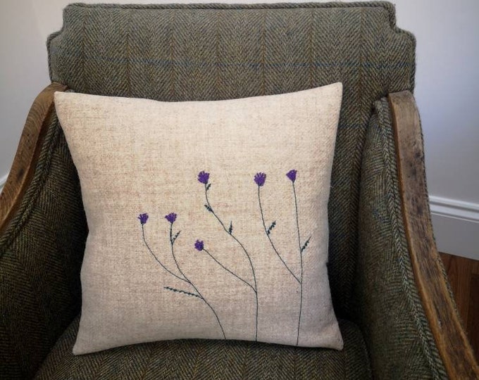 Hand Crafted Harris Tweed thistles embroidered cushion cover