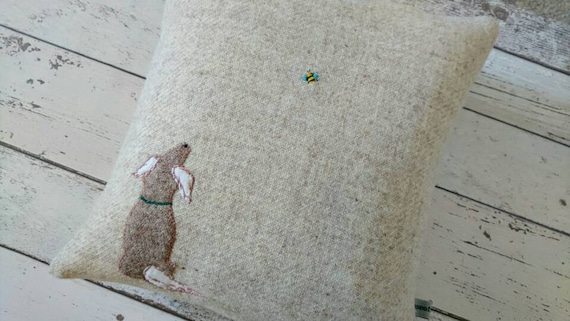 Hand Crafted Harris Tweed little dog and a bee embroidered cushion cover
