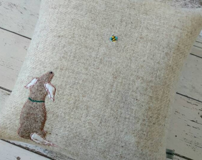 Hand Crafted Harris Tweed little dog and a bee embroidered cushion cover