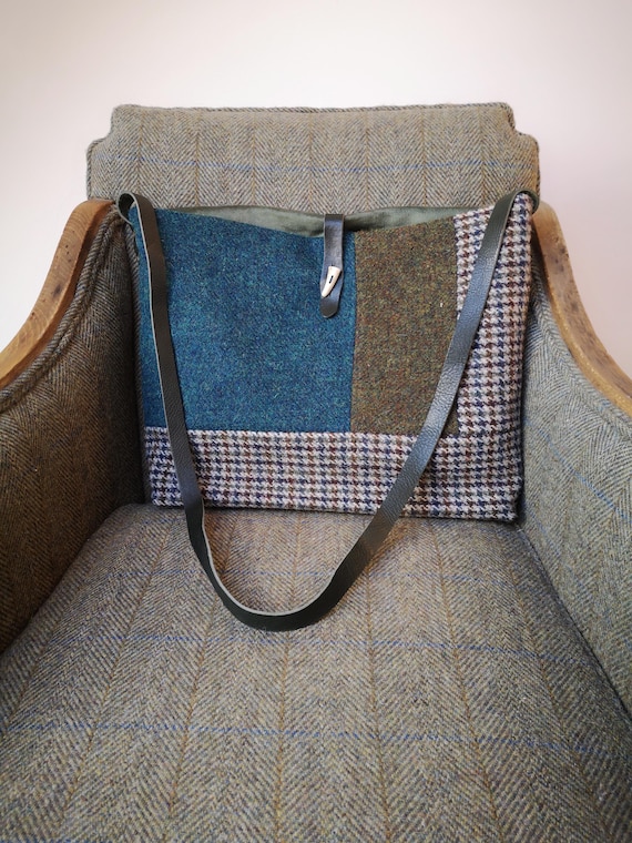Blue Harris Tweed bag with real leather straps