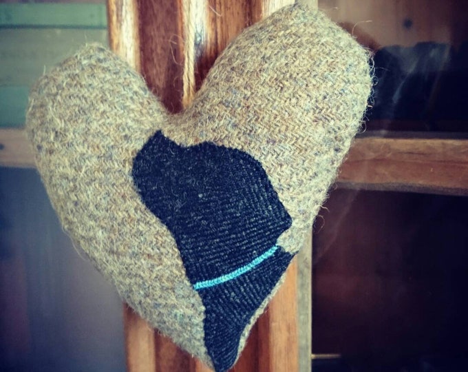 Hand crafted Harris Tweed dog embroidered heart decoration.