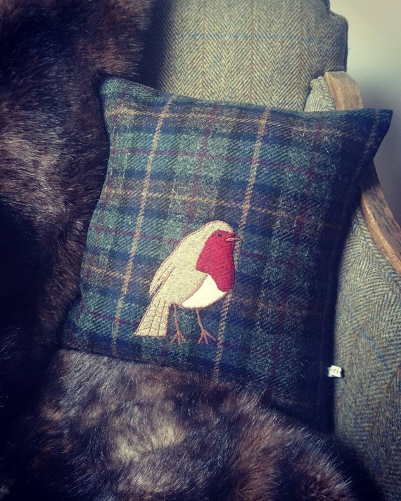 Hand Crafted Harris Tweed Robin embroidered Cushion Cover