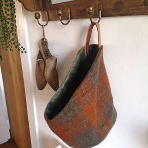 Harris Tweed storage solution, basket with real leather handle