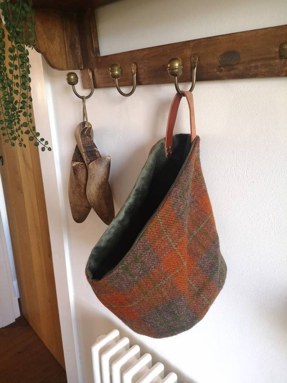 Harris Tweed storage solution, basket with real leather handle