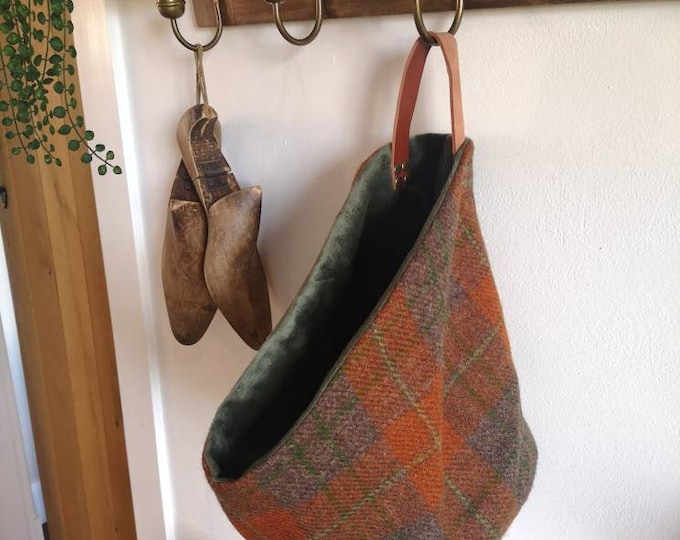 Harris Tweed storage solution, basket with real leather handle