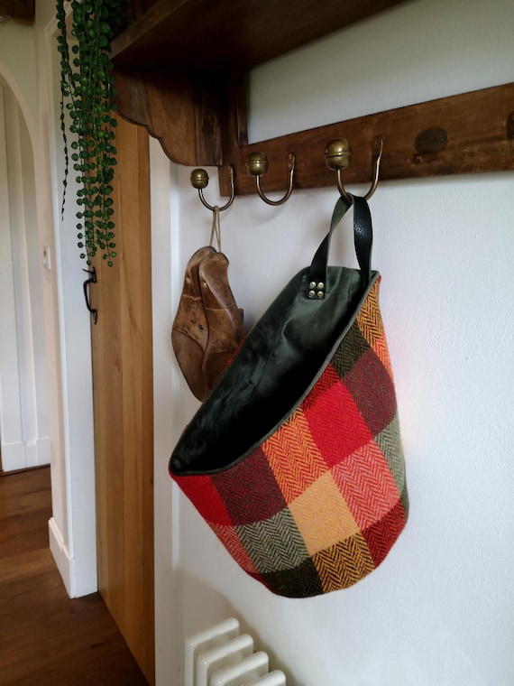 Hand Crafted Harris Tweed storage solution, basket with real leather handle