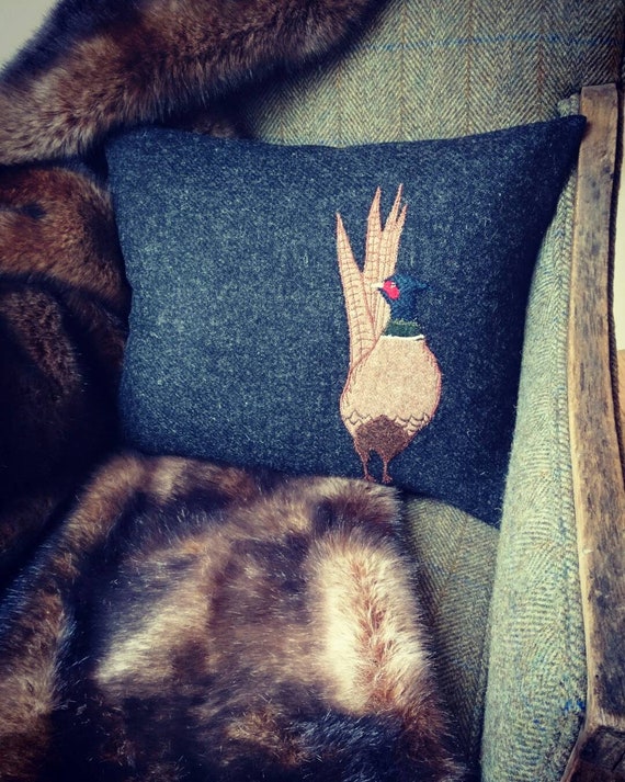 Hand Crafted Harris Tweed Pheasant embroidered Cushion cover