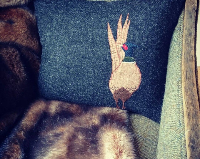 Hand Crafted Harris Tweed Pheasant embroidered Cushion cover