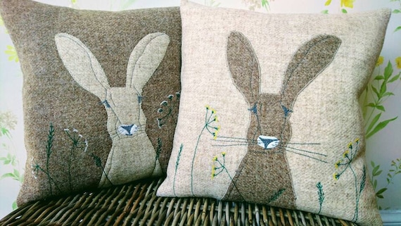 Hand crafted Harris Tweed Hare embroidered cushion cover