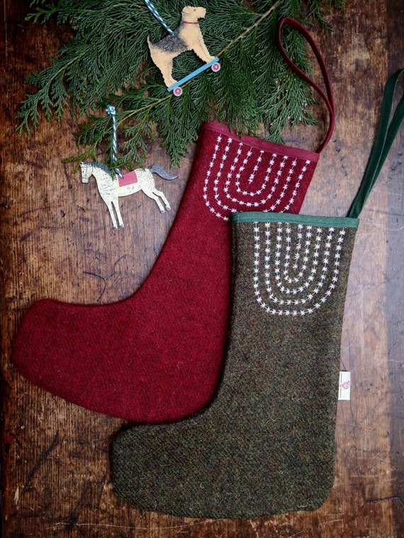 Hand Crafted Harris Tweed Christmas stocking with embroidery