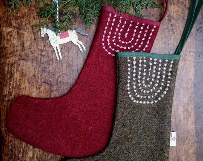 Hand Crafted Harris Tweed Christmas stocking with embroidery