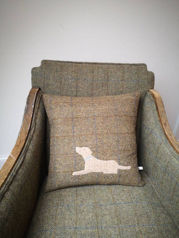 Hand Crafted Harris Tweed golden lab embroidered cushion cover