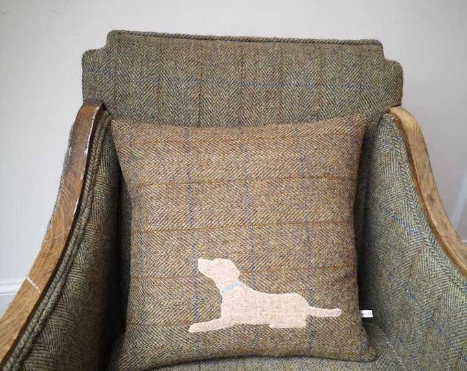 Hand Crafted Harris Tweed golden lab embroidered cushion cover