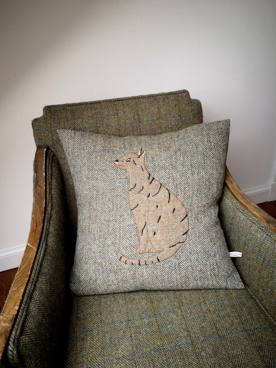 Hand Crafted Harris Tweed Big cat embroidered cushion cover