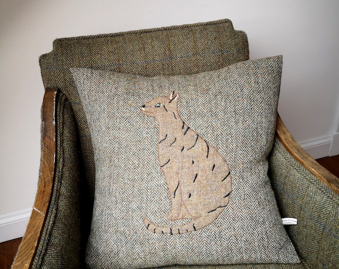 Hand Crafted Harris Tweed Big cat embroidered cushion cover
