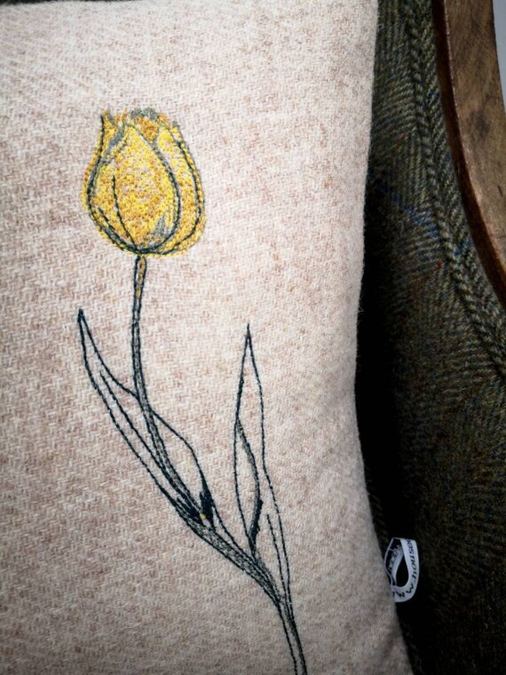 Tulip embroidered Harris Tweed cushion cover