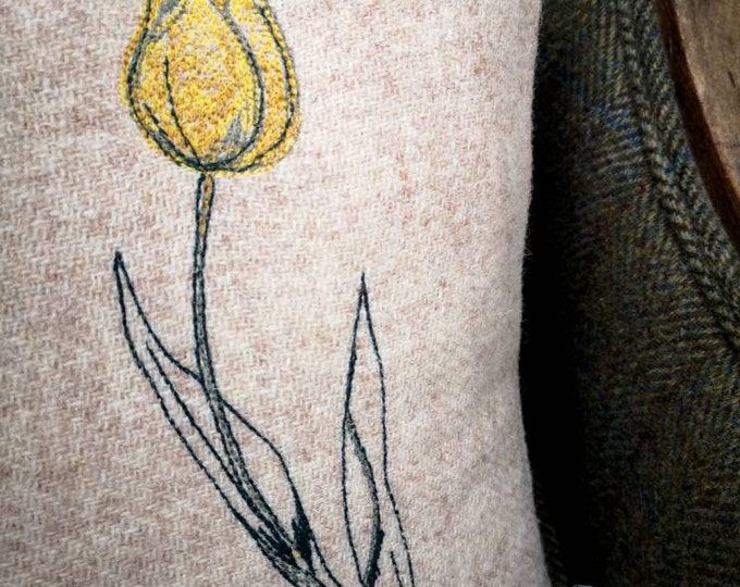 Tulip embroidered Harris Tweed cushion cover