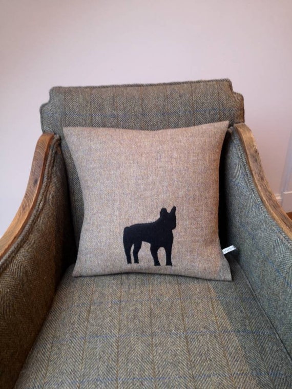 Harris Tweed black French Bulldog embroidered cushion cover