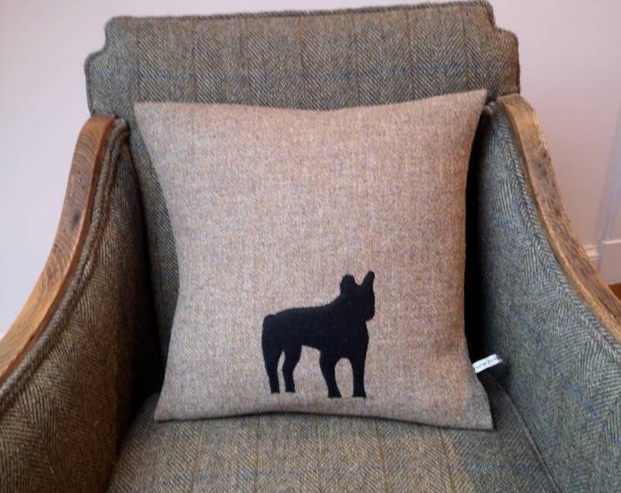 Harris Tweed black French Bulldog embroidered cushion cover