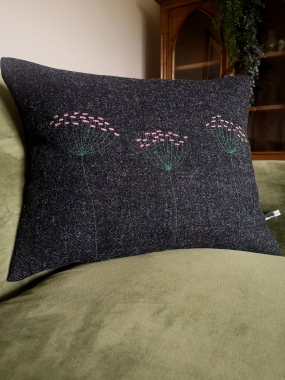 Harris Tweed floral cushion cover in charcoal grey