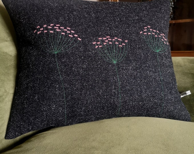 Harris Tweed floral cushion cover in charcoal grey