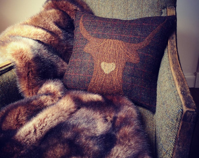 Hand Crafted Harris Tweed Highland Cow embroidered Cushion cover