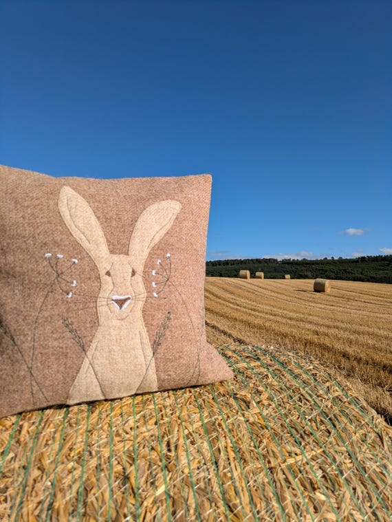 Hand crafted Harris Tweed Hare embroidered cushion cover